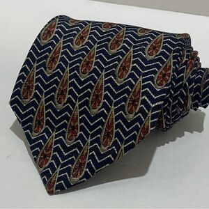 Villa Bugatti Italian Silk Tie Navy Blue Tan Rust Chevron Geometric Teardrop USA